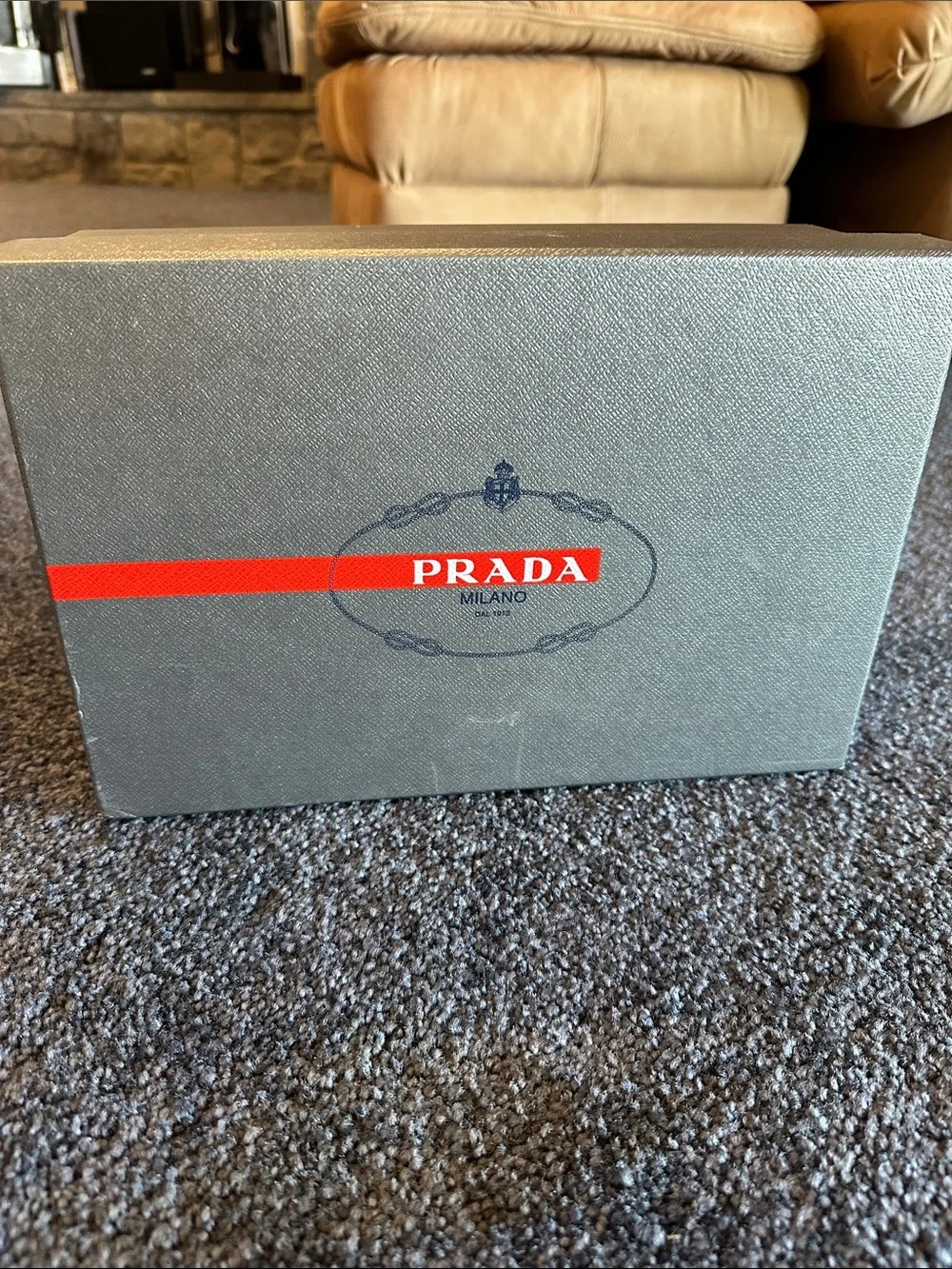 Prada Gray Shoe Box with Red Stripe and Logo 12 x 8.25 x 4.5